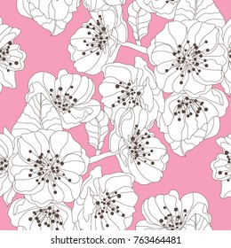 Elegant seamless pattern with hand drawn decorative cherry blossom flowers, design elements. Floral pattern for wedding invitations, greeting cards, scrapbooking, print, gift wrap, manufacturing.