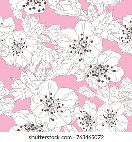 Elegant seamless pattern with hand drawn decorative cherry blossom flowers, design elements. Floral pattern for wedding invitations, greeting cards, scrapbooking, print, gift wrap, manufacturing.