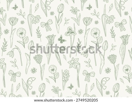 Elegant seamless pattern of hand drawn spring botanical illustrations. Sage green garden flowers with butterflies and decorative bows on cream background. Perfect for textile and wedding decor.