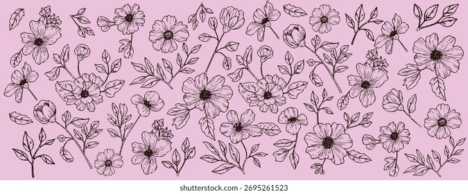 Elegant seamless pattern of hand-drawn black outline flowers on a pink background, a perfect delicate vector design for feminine fabric or stationery