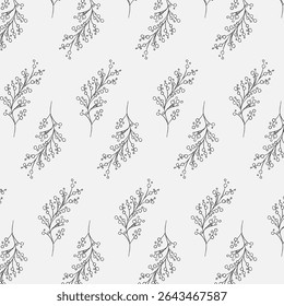 Elegante padrão sem emenda com ramos botânicos desenhados à mão sobre fundo cinza claro. Design floral mínimo perfeito para tecido, papéis de parede, papel de presente e papelaria.