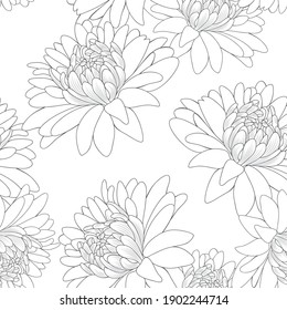 Elegant seamless pattern with hand-drawn chrysanthemums flowers and leaves. Pattern for creating packaging, wallpaper, fabric.