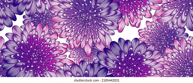 Elegant seamless pattern with hand-drawn chrysanthemums flowers and leaves. Pattern for creating packaging, wallpaper, fabric.