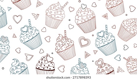 Elegantes, nahtloses Muster mit handgezeichneten Cupcakes, Herzen und geometrischen Formen in einer sanften Farbpalette für anspruchsvolle Bäckereidesigns.
