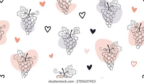 Elegante padrão sem emenda com corações de uvas desenhadas à mão e formas de pastel abstratas para um fundo romântico e moderno.