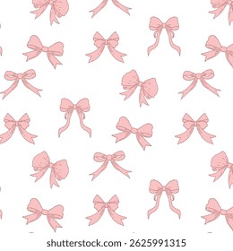 Elegant seamless pattern with hand-drawn pink bows on a white background. Perfect for textile, packaging, wallpaper, wrapping paper, and feminine design projects.