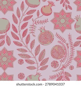 Elegant seamless pattern with hand-drawn pomegranates, detailed leaves, and geometric stars. Neo-ornamental luxury motif for premium textile decor.