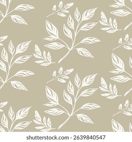 Elegant seamless pattern with hand-drawn silver botanical leaves on a beige background. A modern and organic design for sophisticated fabric, wallpaper, and decor.