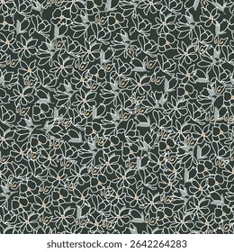 Elegant seamless pattern with hand-drawn white floral outlines on a dark background, perfect for fabric, wallpaper, and textile design.