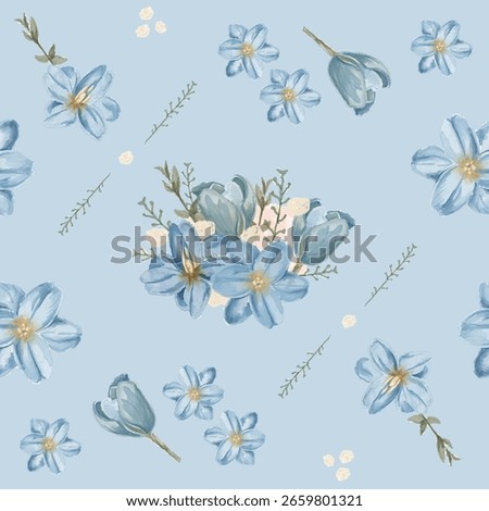 Elegant seamless pattern of hand-painted blue flowers and foliage on soft pastel background. Ideal for fabric, wrapping paper, and feminine design projects.