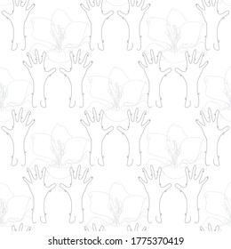 Elegante patrón impecable con manos sosteniendo lirios, elementos de diseño. Patrón floral para invitaciones, tarjetas, impresiones, envoltura de regalo, manufactura, textiles, tela, papel pintado. Estilo de arte de línea continuo