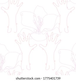 Elegant seamless pattern with hands holding lilies, design elements. Floral  pattern for invitations, cards, print, gift wrap, manufacturing, textile, fabric, wallpapers. Continuous line art style