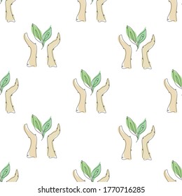Elegante patrón impecable con manos que protegen la naturaleza, elementos de diseño. Patrón floral para invitaciones, tarjetas, impresiones, envoltura de regalo, manufactura, textiles, tela, papel pintado. Estilo de arte de línea continuo
