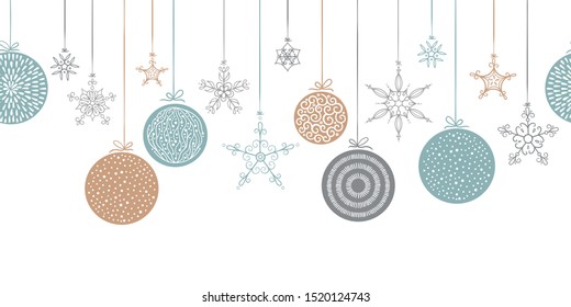 Elegant seamless pattern with hanging Christmas balls and stars. Hand drawn and creative baubles - Vector Illustration.