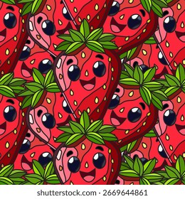 Elegante padrão sem emenda com morangos felizes, elementos de design. Padrão de frutas para convites, cartões, impressão, papel de presente, fabricação, têxtil, tecido, papéis de parede