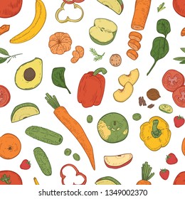 Elegant seamless pattern with healthy nutrition, fresh dietary food, eco natural organic fruits, berries and vegetables on white background. Realistic vector illustration for wallpaper, fabric print.