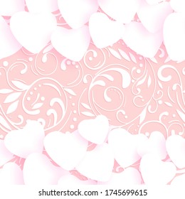 Elegant seamless pattern of hearts, openwork flower ornament of leaves, flowing line. Illustration for Valentine's Day, Women's Day greeting card, wedding invitation, wallpaper, wrapping paper, fabric