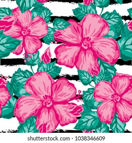Elegant seamless pattern with hibiscus flowers, design elements. Floral tropical pattern for invitations, cards, print, gift wrap, manufacturing, textile, fabric, wallpapers