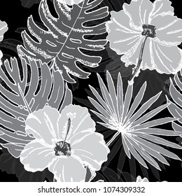 Elegant seamless pattern with hibiscus flowers, design elements. Floral  pattern for invitations, cards, print, gift wrap, manufacturing, textile, fabric, wallpapers