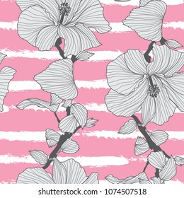 Elegant seamless pattern with hibiscus flowers, design elements. Floral  pattern for invitations, cards, print, gift wrap, manufacturing, textile, fabric, wallpapers