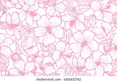 Diseño elegante y transparente con flores de hibisco, elementos de diseño. Patrón floral para invitaciones, tarjetas, papel, envoltura de regalo, manufactura, textiles, tejidos, papeles pintados