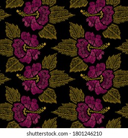 Elegant seamless pattern with hibiscus flowers, design elements. Floral  pattern for invitations, cards, print, gift wrap, manufacturing, textile, fabric, wallpapers. Embroidery style