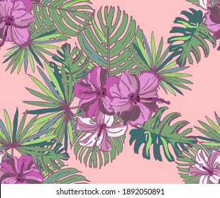 Elegant seamless pattern with hibiscus flowers, design elements. Floral  pattern for invitations, cards, print, gift wrap, manufacturing, textile, fabric, wallpapers