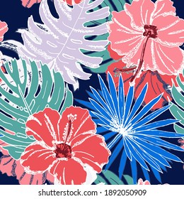 Elegant seamless pattern with hibiscus flowers, design elements. Floral  pattern for invitations, cards, print, gift wrap, manufacturing, textile, fabric, wallpapers