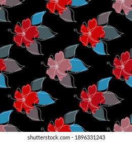 Elegant seamless pattern with hibiscus flowers, design elements. Floral  pattern for invitations, cards, print, gift wrap, manufacturing, textile, fabric, wallpapers. Continuous line art style