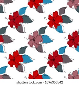 Elegant seamless pattern with hibiscus flowers, design elements. Floral  pattern for invitations, cards, print, gift wrap, manufacturing, textile, fabric, wallpapers. Continuous line art style
