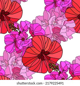 Elegant seamless pattern with hibiscus, oleander, geranium flowers, design elements. Floral  pattern for invitations, cards, print, gift wrap, manufacturing, textile, fabric, wallpapers