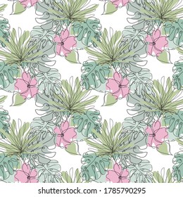 Elegant seamless pattern with hibiscus and tropical leaves, design elements. Floral  pattern for invitations, cards, print, gift wrap, manufacturing, textile, fabric, wallpapers. Continuous line 