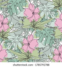 Elegant seamless pattern with hibiscus and tropical leaves, design elements. Floral  pattern for invitations, cards, print, gift wrap, manufacturing, textile, fabric, wallpapers. Continuous line