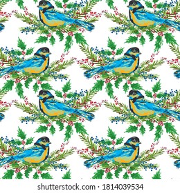 Elegante y sin fisuras con bayas y pájaros, elementos de diseño. Patrón invernal para invitaciones, tarjetas, impresiones, envoltura de regalo, manufactura, textiles, tela, papel pintado