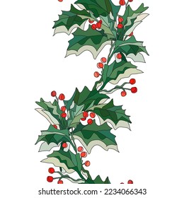 Elegant seamless pattern with holly berry branches, design elements. Christmas, new year, winter pattern for invitations, cards, print, gift wrap, manufacturing, textile, fabric, wallpapers