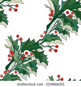Elegant seamless pattern with holly berry branches, design elements. Christmas, new year, winter pattern for invitations, cards, print, gift wrap, manufacturing, textile, fabric, wallpapers
