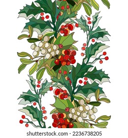 Elegantes, nahtloses Muster mit holzbeerigen Ästen, Designelementen. Weihnachten, neues Jahr, Wintermuster für Einladungen, Karten, Druck, Geschenkpackung, Herstellung, Textilien, Gewebe, Wallpaper