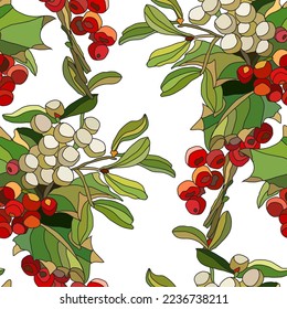 Elegant seamless pattern with holly berry branches, design elements. Christmas, new year, winter pattern for invitations, cards, print, gift wrap, manufacturing, textile, fabric, wallpapers