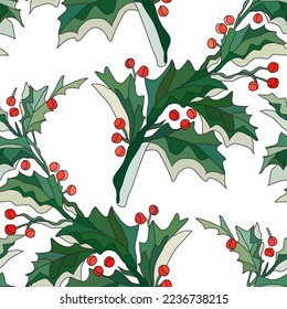 Elegant seamless pattern with holly berry branches, design elements. Christmas, new year, winter pattern for invitations, cards, print, gift wrap, manufacturing, textile, fabric, wallpapers