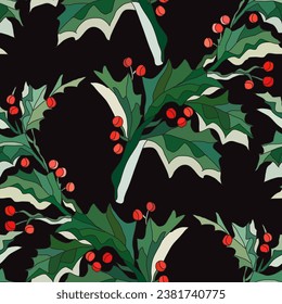 Elegante patrón sin fisuras con ramas de berry y elementos de diseño. Navidad, año nuevo, patrón invernal para invitaciones, tarjetas, papel, envoltura de regalo, manufactura, textiles, tela, papel tapiz