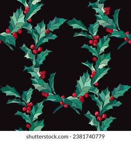 Elegant seamless pattern with holly berry branches, design elements. Christmas, new year, winter pattern for invitations, cards, print, gift wrap, manufacturing, textile, fabric, wallpapers