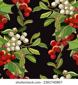 Elegant seamless pattern with holly berry branches, design elements. Christmas, new year, winter pattern for invitations, cards, print, gift wrap, manufacturing, textile, fabric, wallpapers