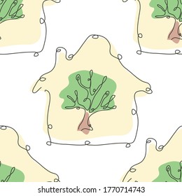 Elegante y sin fisuras con la casa y los árboles, elementos de diseño. Patrón floral para invitaciones, tarjetas, impresiones, envoltura de regalo, manufactura, textiles, tela, papel pintado. Estilo de arte de línea continuo