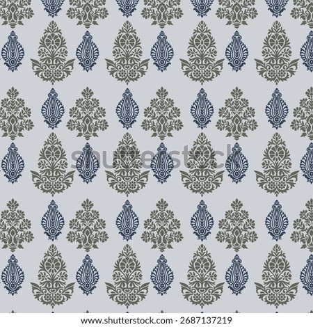 Elegant seamless pattern with Indian block print motifs. Features traditional damask and paisley buta designs in a muted palette of indigo blue and olive green. Perfect for ethnic textiles