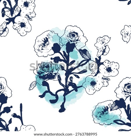 Elegant seamless pattern with ink sketch rose and sakura blossom on watercolor background. Modern botanical floral ornament for textile, fabric and home decor.