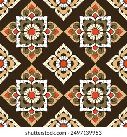 Elegant seamless pattern inspired by traditional Thai art with intricate four-petal floral motifs. Ideal for wallpaper, fabric, and wrapping paper, this vector design adds sophisticated cultural charm