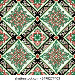 Elegant seamless pattern inspired by traditional Thai art with intricate four-petal floral motifs. Ideal for wallpaper, fabric, and wrapping paper, this vector design adds sophisticated cultural charm