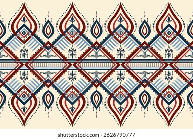 Elegant seamless pattern inspired by Islamic tribal art, featuring intricate geometric motifs and floral accents in a rich crimson, deep indigo, and soft sand beige palette.