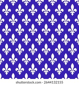 Elegant seamless pattern inspired by Saint Jean Baptiste Day, featuring white fleur-de-lis symbols on a royal blue background