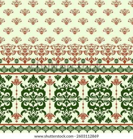 Elegant seamless pattern with intricate baroque floral designs in dark green and deep red on light cream. Perfect for textile design, wallpaper, home decor and print projects with a warm vintage touch
